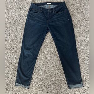 Eileen Fisher Jeans Dark Wash Straight Raw Hem Size 10P Stretchy EUC